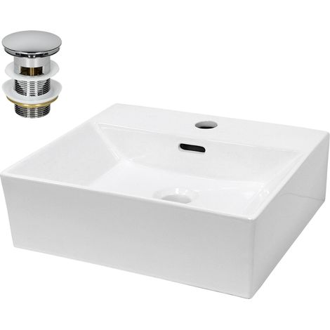 ECD Germany Vasque à Poser Lavabo Salle de Bain - Angulaire - 415 x 360 x 130 mm - en Céramique - Blanc - Lave-Mains Évier Suspendu Toilette - avec Kit de Vidange - avec Trop-Plein et Trou de Robinet