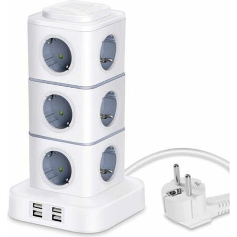 Tour Multiprise, 12 Prises Multiprise Electrique (2500W / 10A) avec 4 Ports USB, Multi Prises électriques Parafoudre Multiprise Verticale pour Maison Bureau, Rallonge 3M