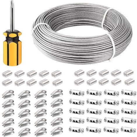 Cable Inox 3mm,100M/3mm Corde en Acier Inoxydable,Cable en Acier Revêtu avec Serre-Câbles,M3 Manchons,Cosses en Acier Inoxydable,3mm Cable Métallique pour Fil a linge,Cable de Garde Corps (1/4)