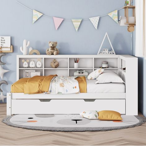 Cama doble con nido USB y almacenaje de madera blanca OKMYHOME (1/5)
