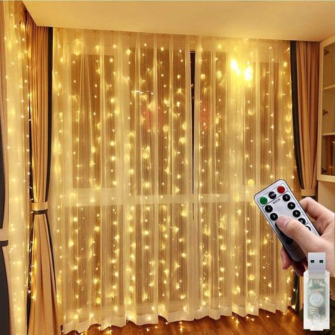 Rideau lumineux 300 LED 3 x 3 m, 8 modes, télécommande et minuterie, guirlande blanc chaud pour Noël et mariage (1/5)