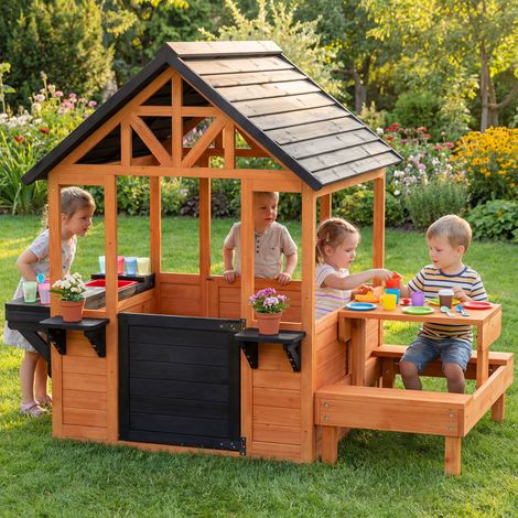 Cabane intérieure/extérieure enfant Bois Marron 3 8 ans avec table et bancs