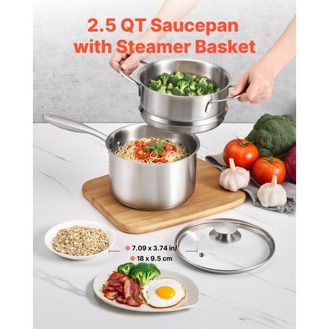 Casserole en Acier Inoxydable 2,4 L avec Panier Vapeur, Poêlon avec Couvercle en Verre et Poignée Ergonomique, Antiadhésif, Lavable au Lave-vaisselle, Compatible avec Four et Plaque à Induction (1/5)