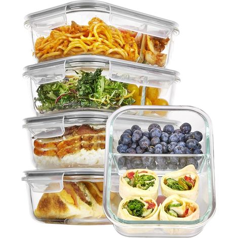 Lot de 5 33oz Boite Repas à 2 Compartiments,Lunch Box Verre,Boite en Verre avec Couvercle Alimentaire,Meal Prep Containers,Compatible Micro-ondes, Four, Congélateur et Lave-vaisselle,Sans BPA (1/5)