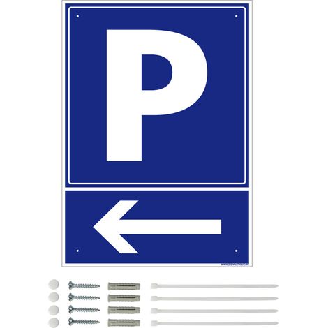 Panneau de signalisation prépercé PVC ou ALU rectangulaire + kit de fixation - Parking flèche à gauche - ALU 2 mm - 150 x 210 mm