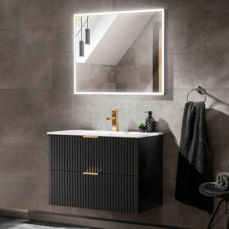 Badezimmermöbel Set 80cm Waschtisch & LED-Spiegel ADELAIDE-56-BLACK in matt schwarz mit Rillenoptik, B/H/T ca. 81/200/46 cm (1/5)