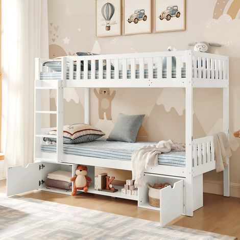 Lit superposé pour enfants en pin massif 90×200 cm – Transformable en 2 lits simples – Lit Mezzanine  Barrières de sécurité et tiroirs de rangement – Lit Enfant en Bois Échelle incluse – Blanc (sans m