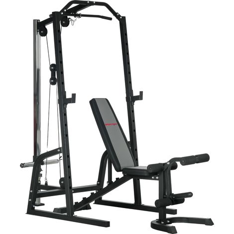 Stazione Fitness Multifunzione con Panca per Addominali, Power Tower con Porta Bilanciere Regolabile a 15 Livelli per Allenamento a Casa, 152x105x212cm, Nero