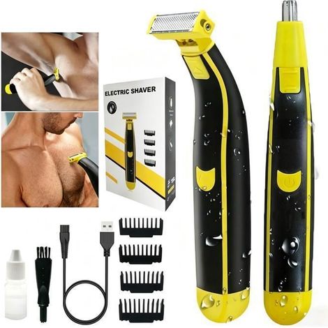 Tondeuse barbe électrique 2 en 1 – Rasoir rechargeable IPX7 – Autonomie 60 min – Enlève poils visage, nez, oreilles