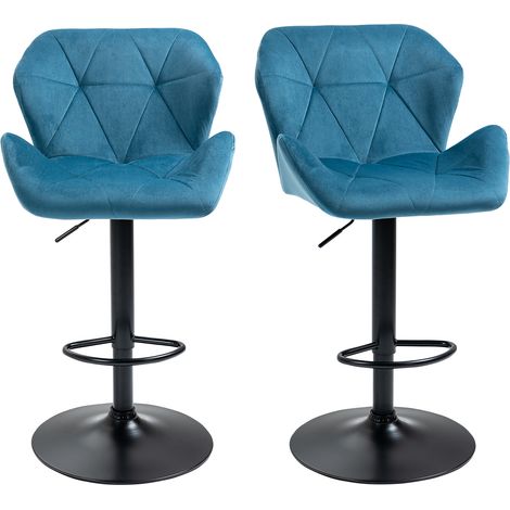 Bar Stools Set Of 2, Luxurious Velvet-Touch Barstools Metal Frame Footrest Round Base Triangle Indenting Moulded Seat Adjustable Height Swivel Blue (1/5)