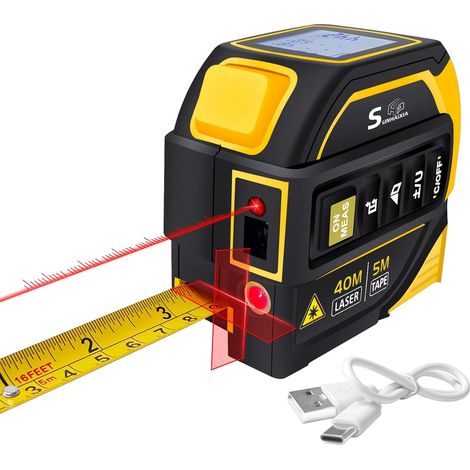 Mètre ruban laser 4 en 1 avec niveau laser en croix  Distance laser de 40 m + ruban autolock de 5 m  Écran LCD rétroéclairé (Ft/Inch/M/mm)  Pour bricolage, construction, décoration intérieure