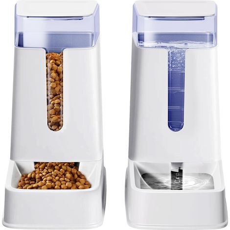 Lot de 2 distributeurs automatiques de Nourriture et d'eau pour Chat de Petite, Moyenne et Grande Taille, pour Chats, Chiens, Chiots, Chatons, 3,8 l x 2 (Blanc)