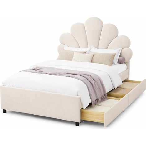 Letto per Bambini 90×200 cm con 2 Cassetti e Testiera Floreale, senza Materasso, Beige, Velluto (1/5)