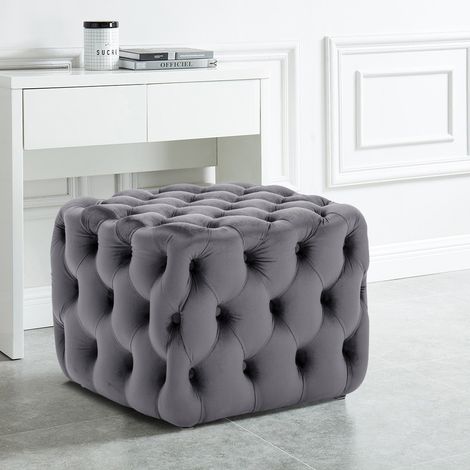 Square Velvet Upholstered Buttoned Footstool (1/3)