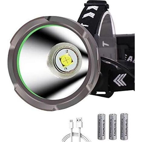 Lampe Frontale LED Rechargeable 15000 Lumens - Projecteur Longue Portée XHP90 - 4 Modes - avec Réflecteur Aluminium