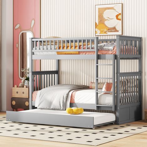 Cama litera moderna de pino gris 90x200 cm con cama nido extraíble, escalera lateral y barandillas altas