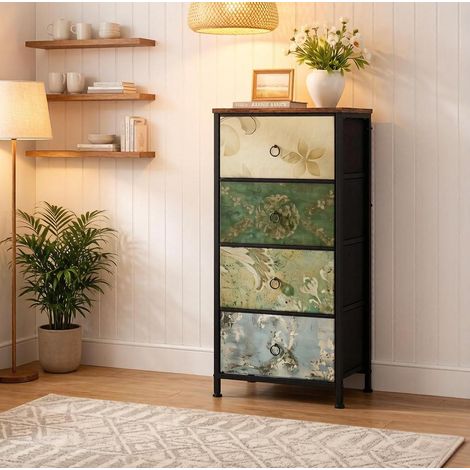 Commode 45x30x95 cm en bois, métal et tissu multicolore, avec rangement pour chambre FLORAGRACE (1/5)