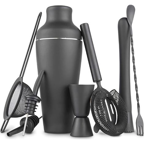Kit de coctelera de 8 piezas de acero inoxidable para barman, kit completo profesional para cócteles, para casa o bar, color negro (1/5)