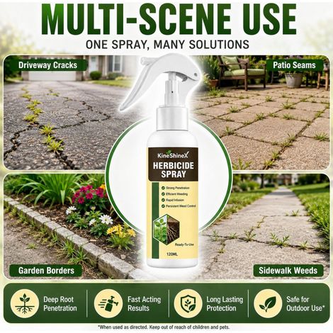 Das Herbizidspray KineShineX tötet und entfernt Unkrautwurzeln effektiv und eignet sich besonders für Rasenflächen, Gärten, Terrassen und Wege. (1/4)
