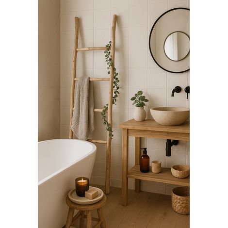 Biscottini – Porte-serviettes échelle en bois moderne – 3 bras – Fixation murale ou au sol – Dimensions 148x36x3 cm – Pour salle de bain et petits espaces