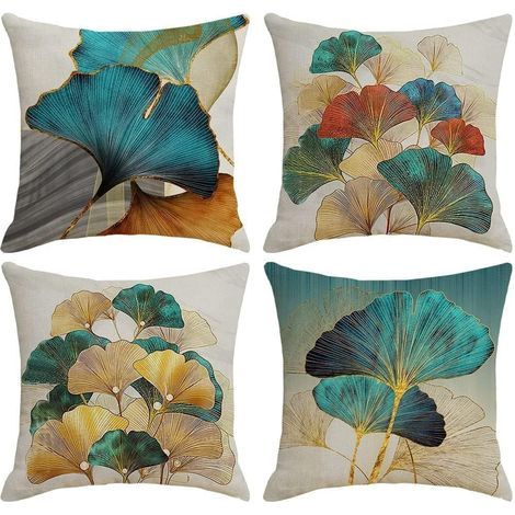 Lot de 4 housses de coussin 45 x 45 cm - Motif feuille de ginkgo - Doré (1/5)