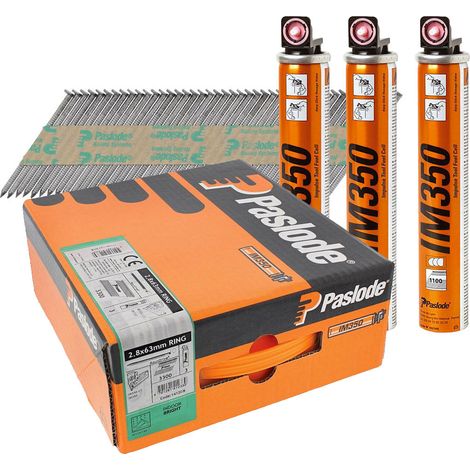 Paslode 2.8 x 63mm IM350+ Ring Shank Nails Bright Finish Box of 3300 + 3 Fuel Ce