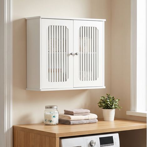 Mueble de baño mural con 2 puertas laminadas, ahorro de espacio, almacenamiento suspendido de MDF blanco (1/5)