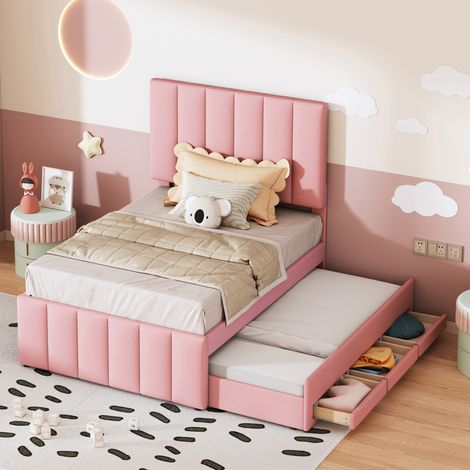 Letto imbottito 90x200 cm rosa, struttura in MDF e metallo con letto estraibile (1/5)