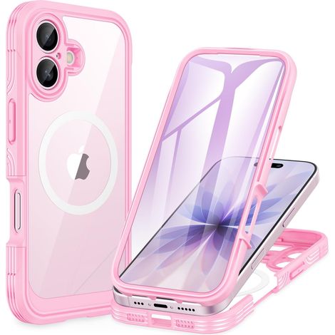 Magnétique Coque iPhone 17 [Compatible avec MagSafe] intégré 9H Verre Trempé Protection écran et Protection Caméra, 360° Antichoc Téléphone Housse Double Face Case Intégrale Etui - Rose (1/5)