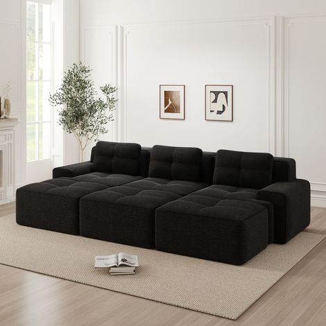 Divani senza struttura, tessuto in velluto a coste morbido, divano angolare modulare con funzione letto e 3 pouf, divani a 3 posti, comodo divano per il soggiorno, nero