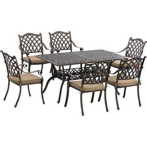 7 PCs Garden Patio Dining Set with Parasol Hole, Cast Aluminium Outdoor Furniture Set with Six Cushioned Chairs Rectangle Dining Table, for Garden, Lawn, Deck, Bronze Tone (1/5)