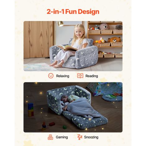 Canapé pour Enfants Convertible, Fauteuil Chaise Longue 2-en-1, Sofa Tout-petits Pliable et Moelleux, Phosphorescent, avec Accoudoirs, en Éponge 28D et Peluche, pour Salle de Jeux, Gris (1/5)
