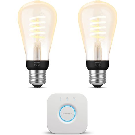 Philips Hue Kit de démarrage E27 avec 2 Ampoules à filament Edison Petite (ST64) Lumière blanche chaude à froide - Comprend 1 Bridge - White Ambiance (1/5)