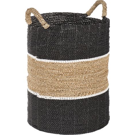 Grand panier rond D. 41 cm en jonc de mer et raphia - BOGO (1/5)