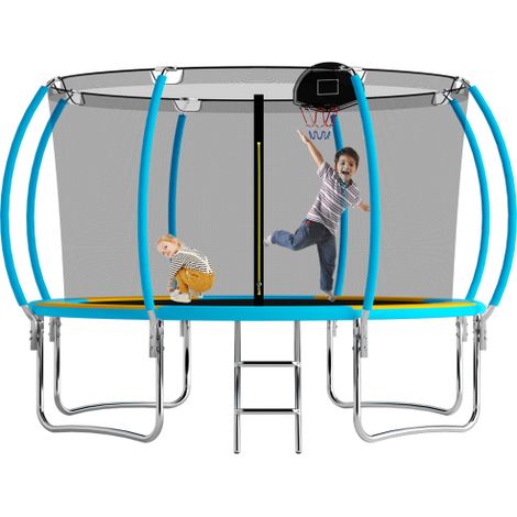 12FT Outdoor Trampoline with Basketball Hoop, Safety Net and Ladder for Kids and Adults, Supports Up to 150kg, Blue