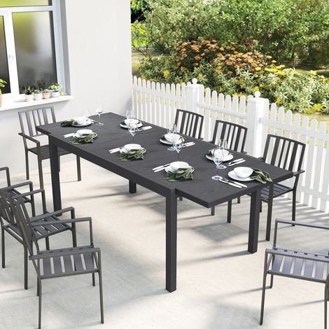 Table de Jardin Extensible Plateau Aluminium Effet Bois Pieds Réglables 8-10 Personnes 214x85x75cm Gris Anthracite