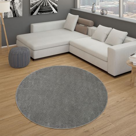 Paco Home Tappeto per soggiorno tinta unita pelo corto semplice e moderno, in grigio scuro Ø 200 cm tondo
