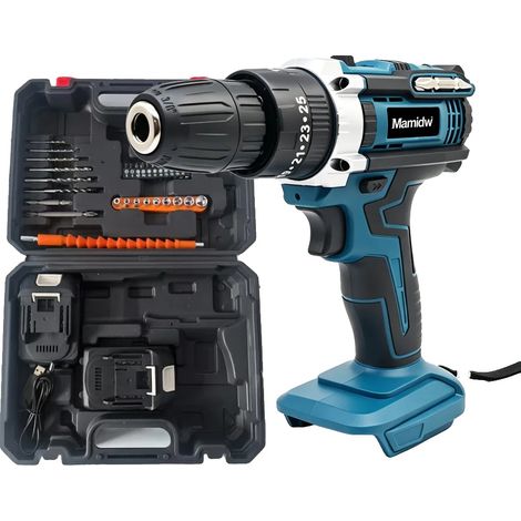 Taladro de impacto inalámbrico con dos velocidades y kit de baterías azules (2 baterías incluidas). (1/2)