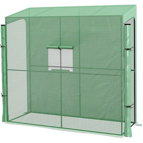 Serre adossée en PE verte avec 2 portes zippées, protection UV, fenêtre latérale, 200x80x200 cm (1/5)