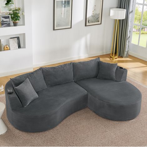 Sofá 3 plazas gris en espuma con diseño curvo, chaise longue derecha, portavasos y cojines (1/5)