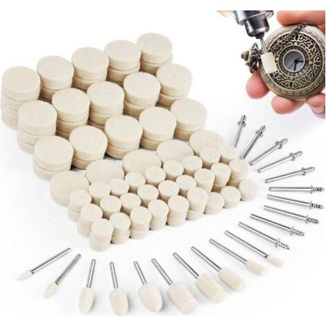 120 Pièces Tampon de Polissage Kit, 4 Formes Roue de Polissage, Disque de Polir en Laine avec Tige 1/8", Roue de Polir en Feutre de Laine pour Montre, Bijoux, Metal, Verre (1/5)