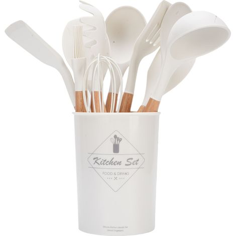 Set di utensili da cucina in silicone con supporto e manici in legno. Spatola, cucchiaio e frusta resistenti al calore, adatti per padelle antiaderenti. Facili da pulire. (1/5)