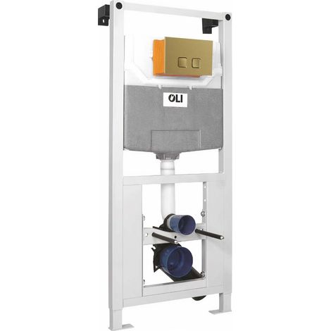 OLI 120 Plus Mechanical Mid Height Concealed Cistern with Wall Frame and Basal Brushed Brass Soft Touch Dual Flush Plate with Square Buttons