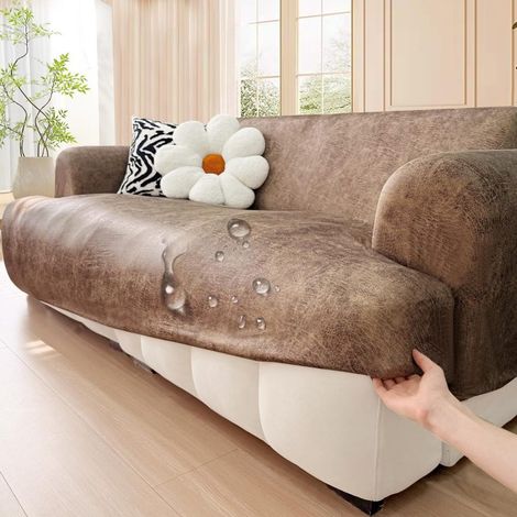 Housse de canapé imperméable en similicuir, housse extensible universelle antidérapante, protection épaisse en une seule pièce pour chiens, chats et enfants (L (3 places 74",90"), E) (1/5)