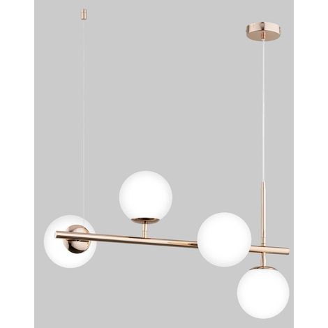 Alfa Vinci Modern Gold/Brass 4-Light Chandelier with White Glass Shades, E14 Bulbs, Dimmable, Adjustable Height up to 92 cm, 71 cm Wide, IP20 Indoor Ceiling Lamp
