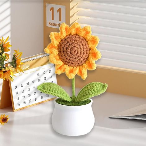 KOWOLL 1 petite fleur au crochet avec pot, tournesol artificiel au crochet, décoration végétale faite main pour tableau de bord de voiture, maison ou bureau (1/5)