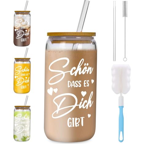 Cocktailgläser mit Deckel und Strohhalm, 500 ml Glas-Kaffeebecher, Schön Dass Es Dich Gibt, Geschenke für Frauen und Männer, Trinkgläser in Dosenform, Kaffeebecher, Eiskaffeeglas, Cocktails (1/5)