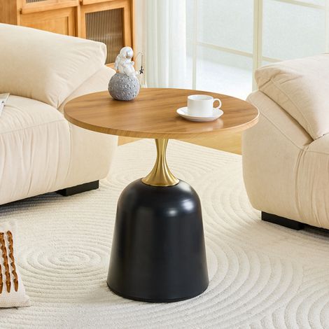 Tavolino rotondo color legno in melamina con base in metallo, design nordico versatile (1/5)