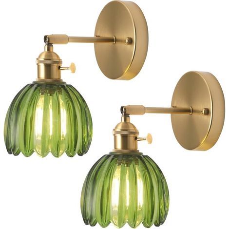 Wandleuchte im Vintage-Stil mit Schalter – goldfarben mit grünem Glas für Bad und Wohnzimmer – 2 Stück (1/5)