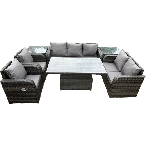 Fimous Wicker PE Rattan Outdoor Gartenmöbel Sets Höhenverstellbarer aufsteigender Esstisch Liegestuhl Sofa Set mit 2 Beistelltischen Dunkelgrau gemischt (1/5)